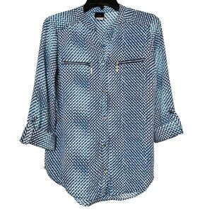 JTB Blue Geometric Print Button Front Blouse Roll Tab Sleeves Sz Medium
